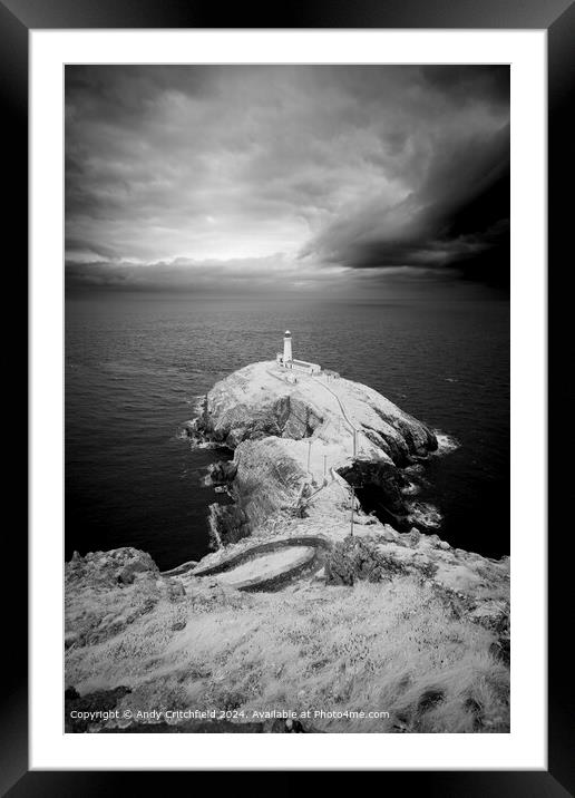 South Stack Lighthouse Moody Sky Framed Mounted Print by Andy Critchfield