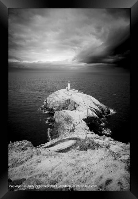 South Stack Lighthouse Moody Sky Framed Print by Andy Critchfield