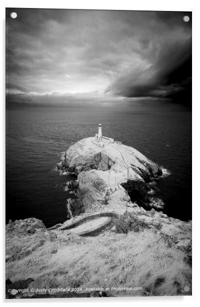 South Stack Lighthouse Moody Sky Acrylic by Andy Critchfield