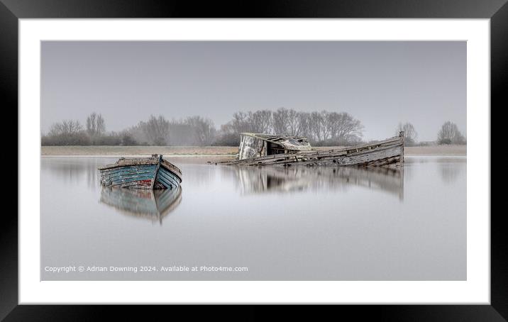 Surreal Mist, Tranquil Water, Derelict Boats Framed Mounted Print by Adrian Downing
