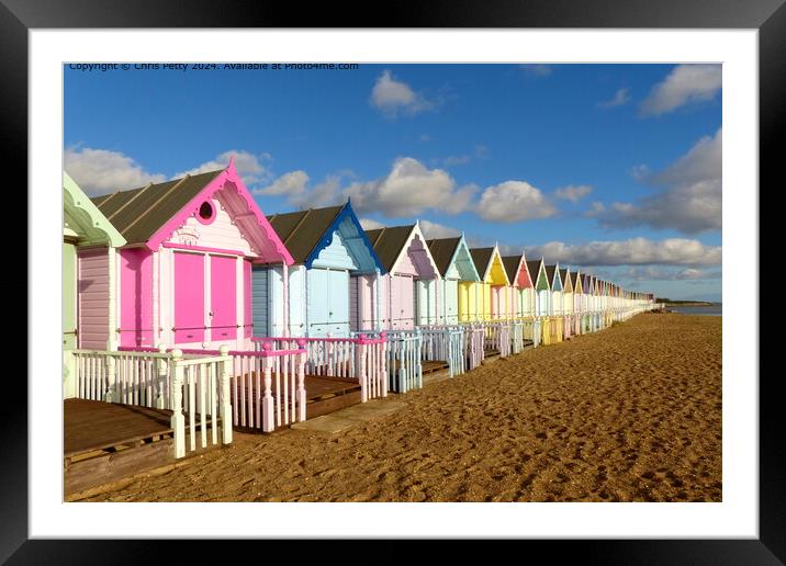West Mersea Beach Huts Framed Mounted Print by Chris Petty