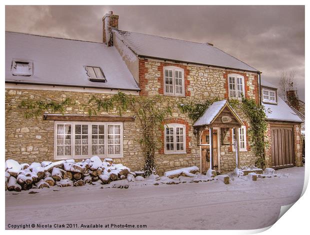 Snow Covered Cottage Print by Nicola Clark