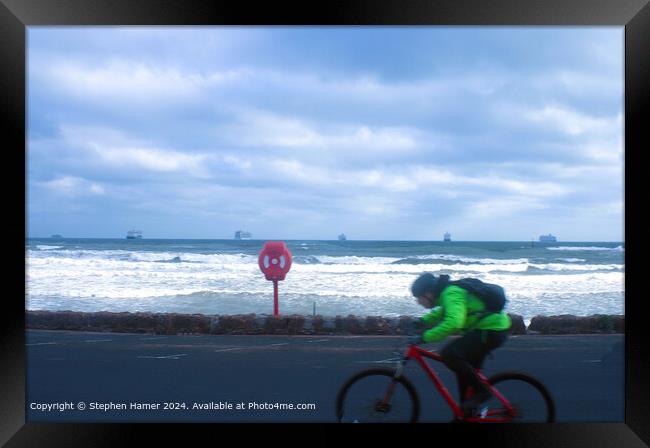 Stormy Sea Cyclist in Tor Bay Framed Print by Stephen Hamer