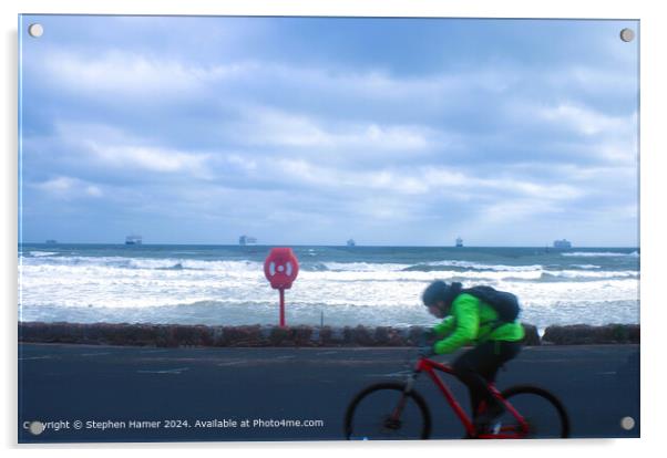 Stormy Sea Cyclist in Tor Bay Acrylic by Stephen Hamer