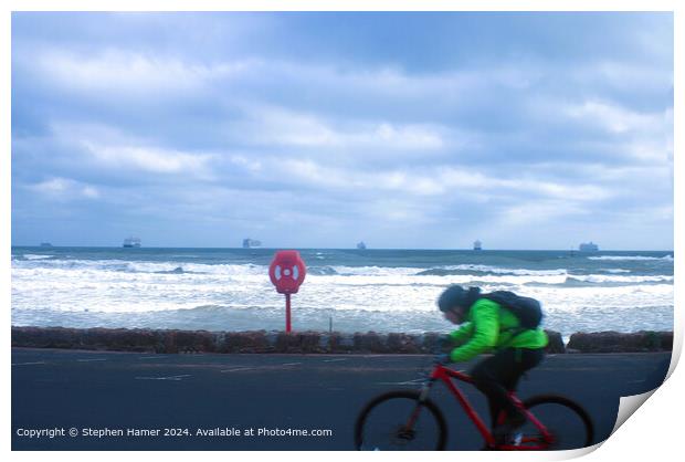 Stormy Sea Cyclist in Tor Bay Print by Stephen Hamer
