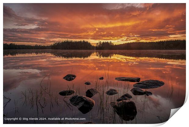 shoreline with pebbles at sunrise over a calm lake  Print by Stig Alenäs