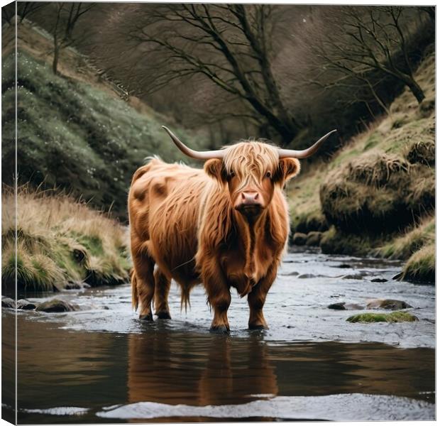 Highland Cow River Crossing Canvas Print by Paddy 