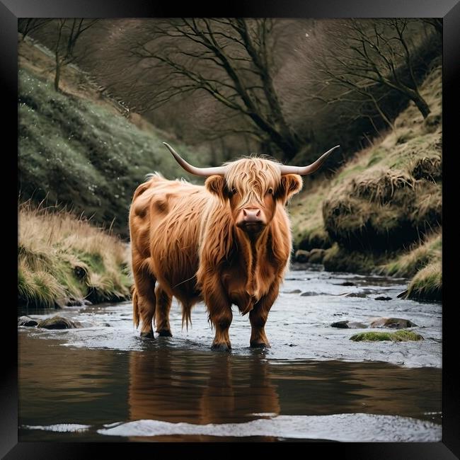 Highland Cow River Crossing Framed Print by Paddy 