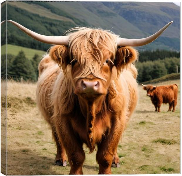 Happy Highland Cow Smiling in Field Canvas Print by Paddy 