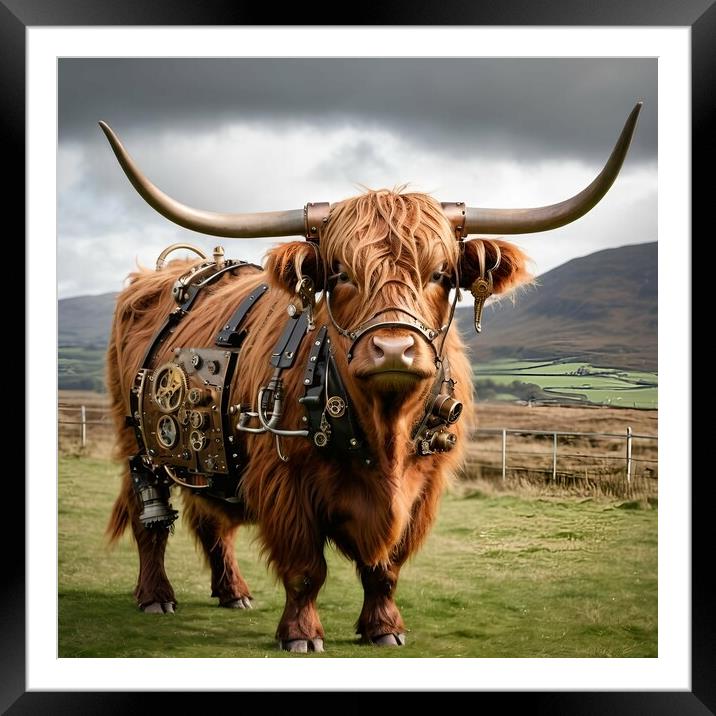 A Digital Altered Highland cow , Steam punk edition Framed Mounted Print by Paddy 