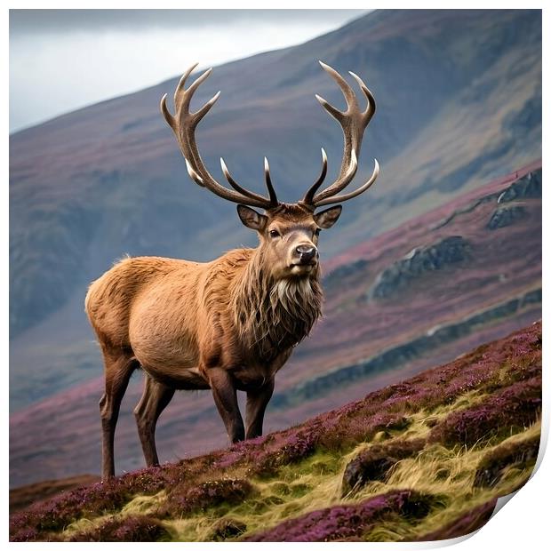 A Stag Grazing  on the side of a Scottish Mountain in Loch Lomond Print by Paddy 