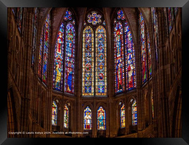 Santa Maria de Leon Cathedral, Stained Glass Windows Framed Print by Laszlo Konya