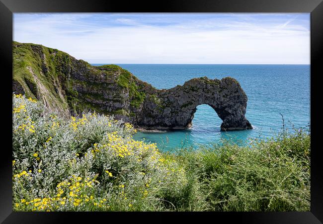 Durdle Door Sand Sea Framed Print by kathy white