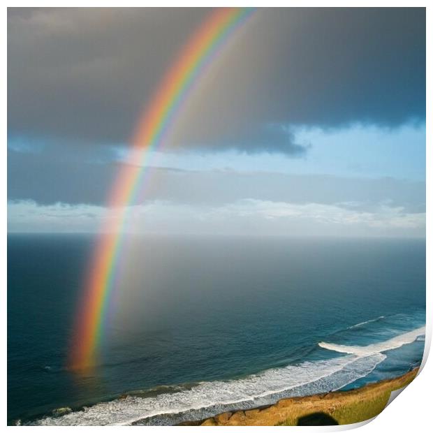 Rainbow coming out the sea in - The end of a Rainbow Print by Paddy 