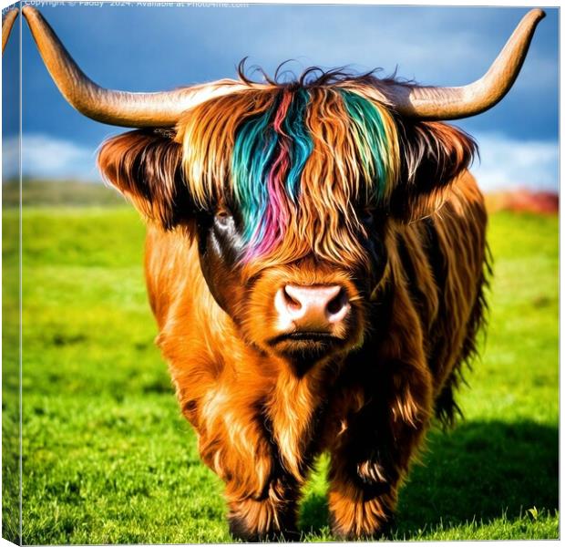 Colourful Highland Cow in Grass Canvas Print by Paddy 