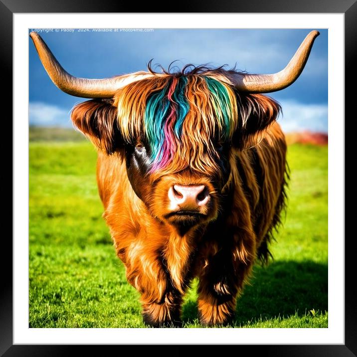 Colourful Highland Cow in Grass Framed Mounted Print by Paddy 