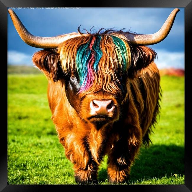 Colourful Highland Cow in Grass Framed Print by Paddy 