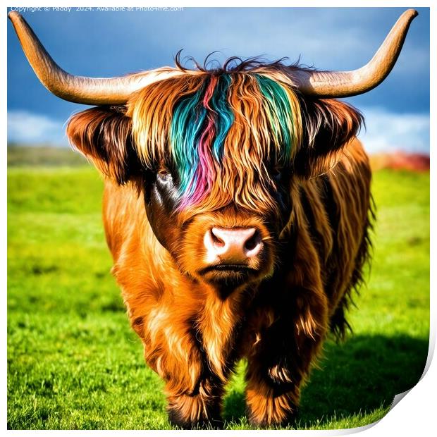Colourful Highland Cow in Grass Print by Paddy 