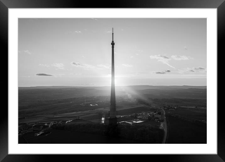 Emley Moor TV Mast Black and White Framed Mounted Print by Apollo Aerial Photography