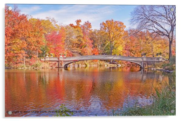 Vibrant Autumn Reflections at Bow Bridge, Central Park Acrylic by Kenn Sharp
