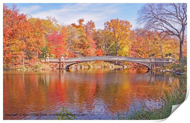 Vibrant Autumn Reflections at Bow Bridge, Central Park Print by Kenn Sharp