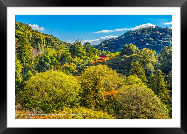 Red Pagoda Green Hill Autumn Leaves Kiyomizu Temple Kyoto Japan Framed Mounted Print by William Perry