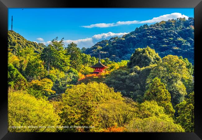 Kiyomizu Red Pagoda Autumn Leaves Hills Kyoto Japan Framed Print by William Perry