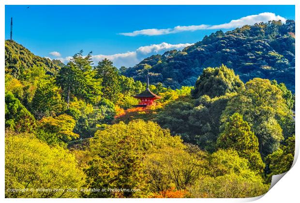 Kiyomizu Red Pagoda Autumn Leaves Hills Kyoto Japan Print by William Perry