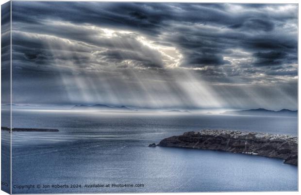 Santorini Caldera Light Shafts Canvas Print by Jon Roberts