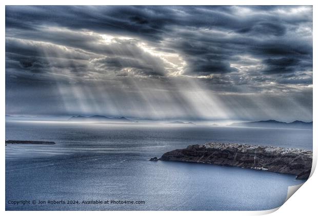 Santorini Caldera Light Shafts Print by Jon Roberts