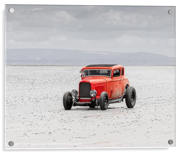 The Red Hot Rod on the Beach at Pendine, Wales. Acrylic by Colin Allen