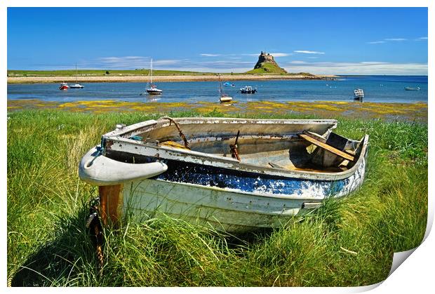 Lindisfarne Castle and Boat Print by Darren Galpin