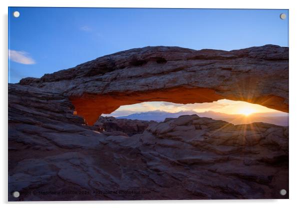 Spectacular Sunrise with Lens Flare at Mesa Arch in Canyonlands National Park, Utah Acrylic by Madeleine Deaton