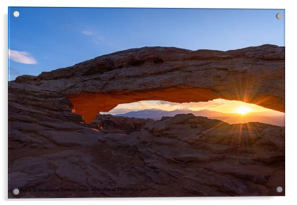 Warm Sunrise at Mesa Arch in Canyonlands National Park with Sun Flare Acrylic by Madeleine Deaton