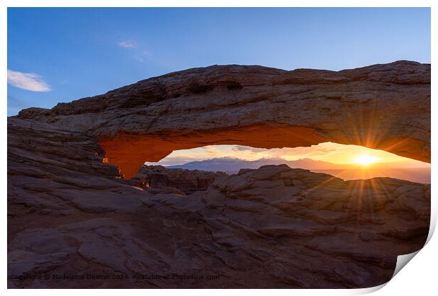 Warm Sunrise at Mesa Arch in Canyonlands National Park with Sun Flare Print by Madeleine Deaton