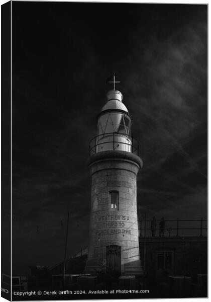 Folkestone Harbour Lighthouse Monochrome Canvas Print by Derek Griffin