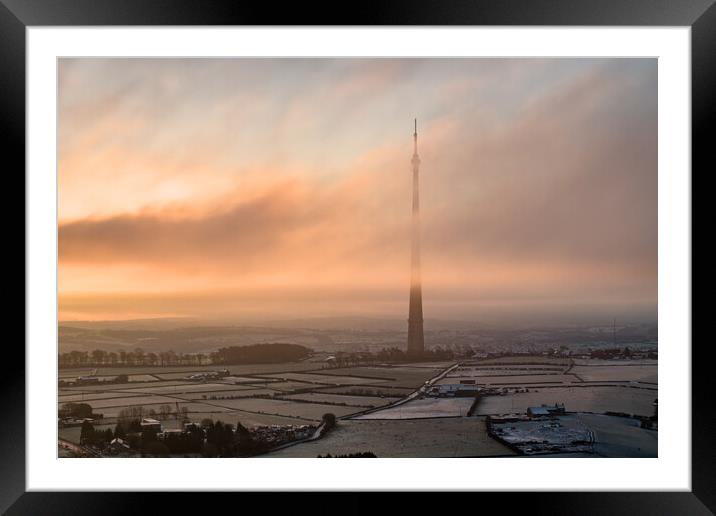 Emley Moor Misty Sunrise Framed Mounted Print by Apollo Aerial Photography