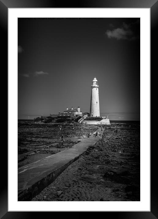 Whitley Bay Lighthouse Black and White Framed Mounted Print by richard sayer