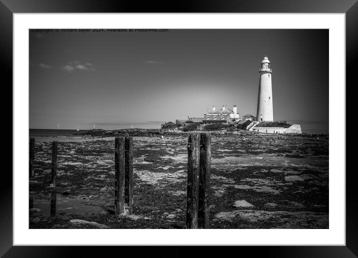Whitley Bay Lighthouse Monochrome Framed Mounted Print by richard sayer