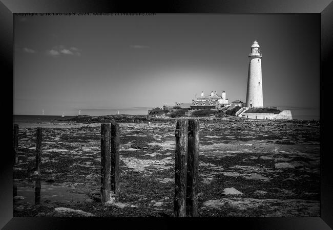 Whitley Bay Lighthouse Monochrome Framed Print by richard sayer
