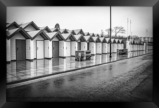 Rainy Day Beach Huts in Black and White, Swanage Framed Print by Kenn Sharp