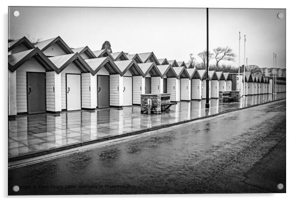 Rainy Day Beach Huts in Black and White, Swanage Acrylic by Kenn Sharp