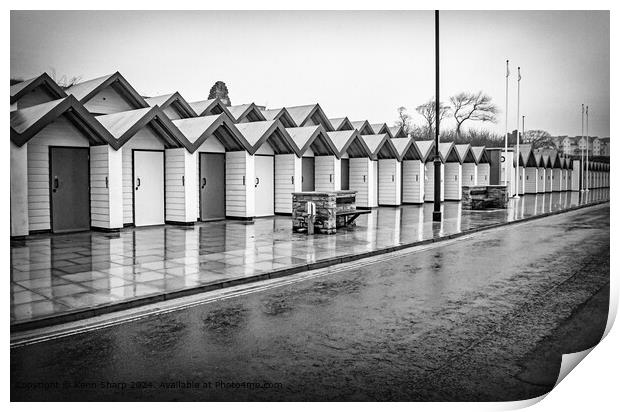 Rainy Day Beach Huts in Black and White, Swanage Print by Kenn Sharp