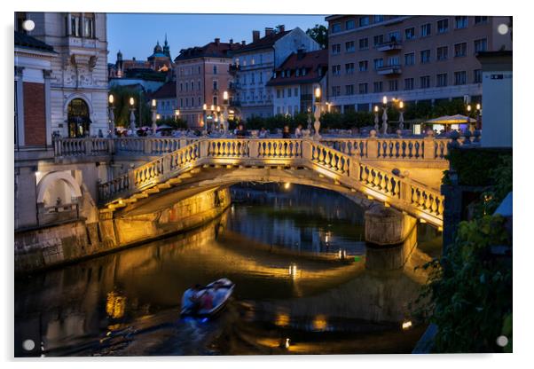 Ljubljana Triple Bridge At Night Acrylic by Artur Bogacki