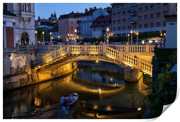 Ljubljana Triple Bridge At Night Print by Artur Bogacki