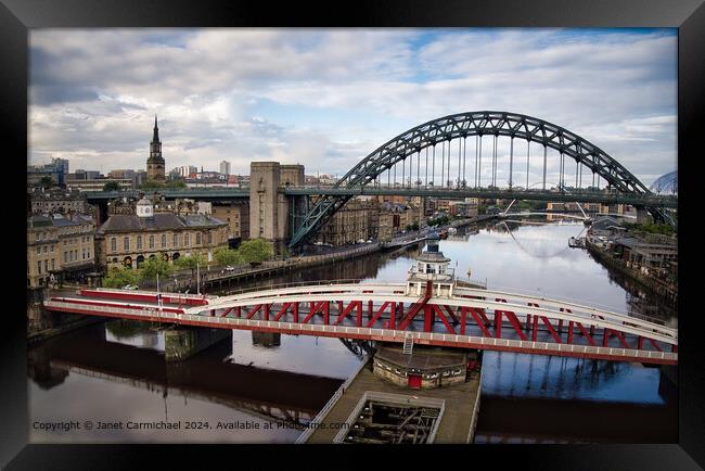River Tyne Bridges and Newcastle Cityscape Framed Print by Janet Carmichael