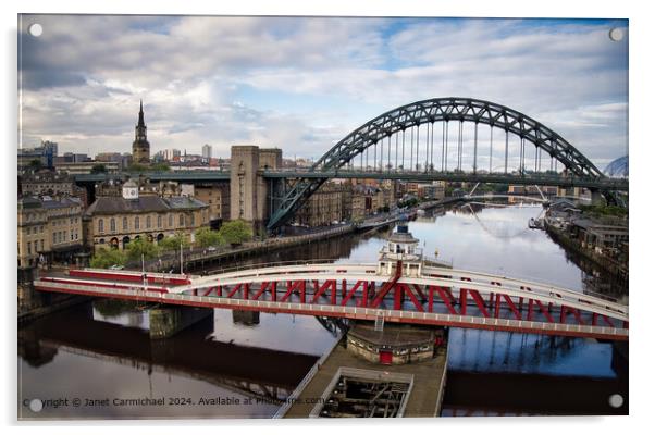 River Tyne Bridges and Newcastle Cityscape Acrylic by Janet Carmichael