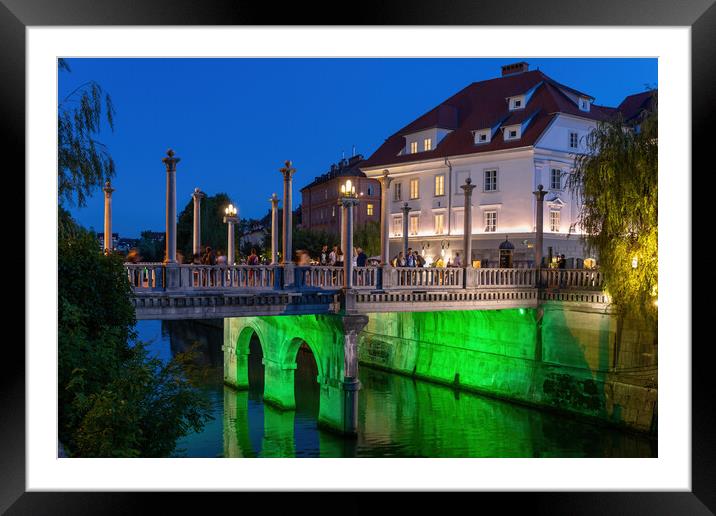 Cobblers Bridge In Ljubljana At Night Framed Mounted Print by Artur Bogacki