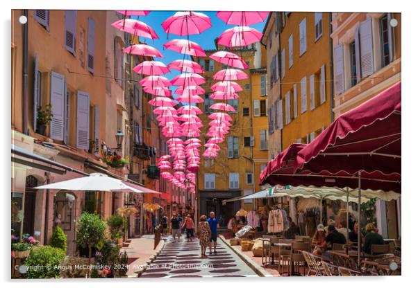 Pink umbrellas in old town Grasse, French Riviera Acrylic by Angus McComiskey