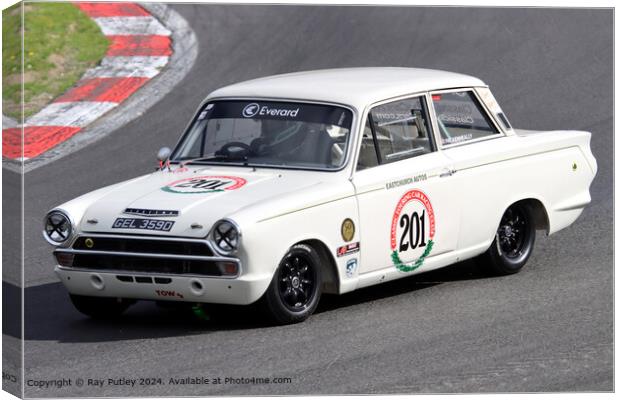 White Ford Lotus Cortina Mk1 Race Track Canvas Print by Ray Putley